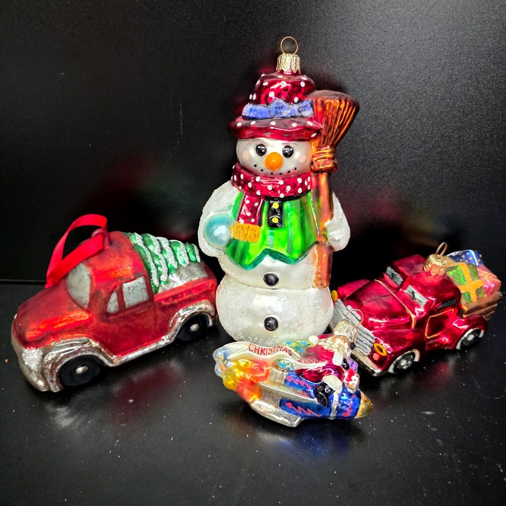 Christmas Ornaments Red White Green Glass Snowman Truck Santa Rocket Lot 4pc